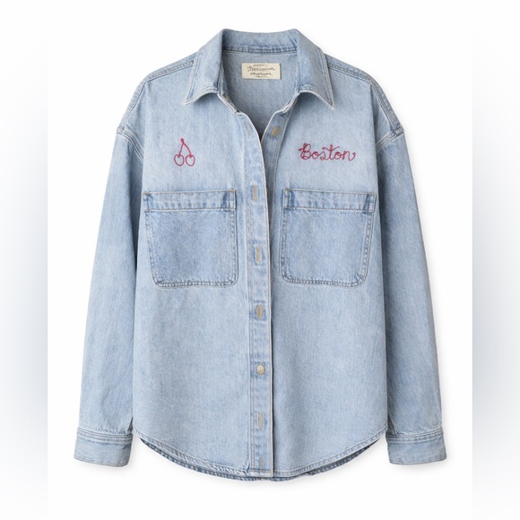 Madewell Tops - Madewell Boston Cherry Embroidered Denim Shirt Medium Button Up Cotton Top
